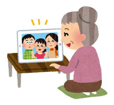 家族とテレビ電話をしているお婆さんのイラスト
