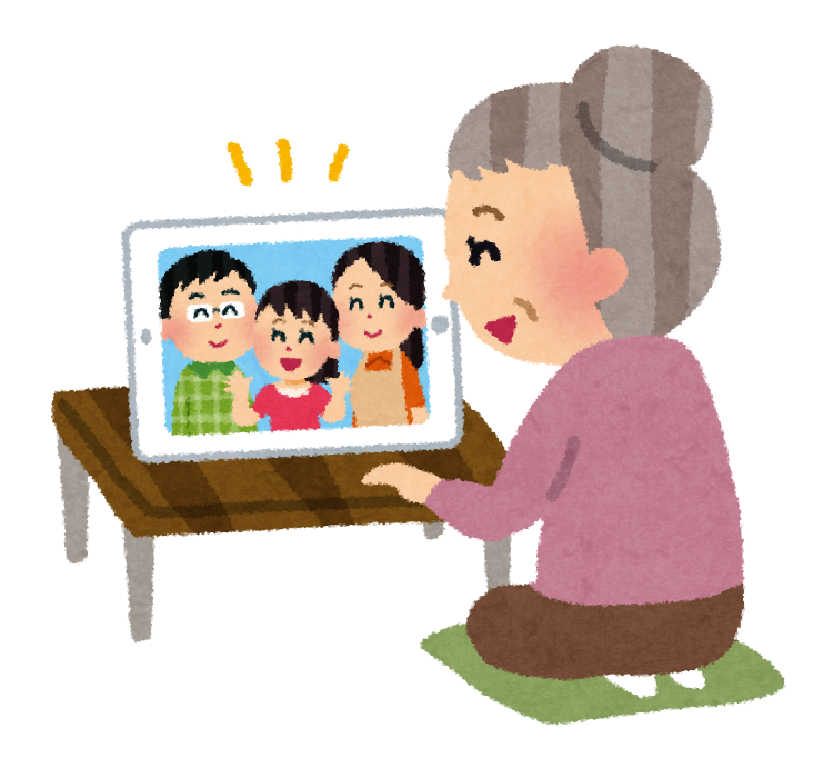 無料イラスト かわいいフリー素材集 家族とテレビ電話をしているお婆さんのイラスト