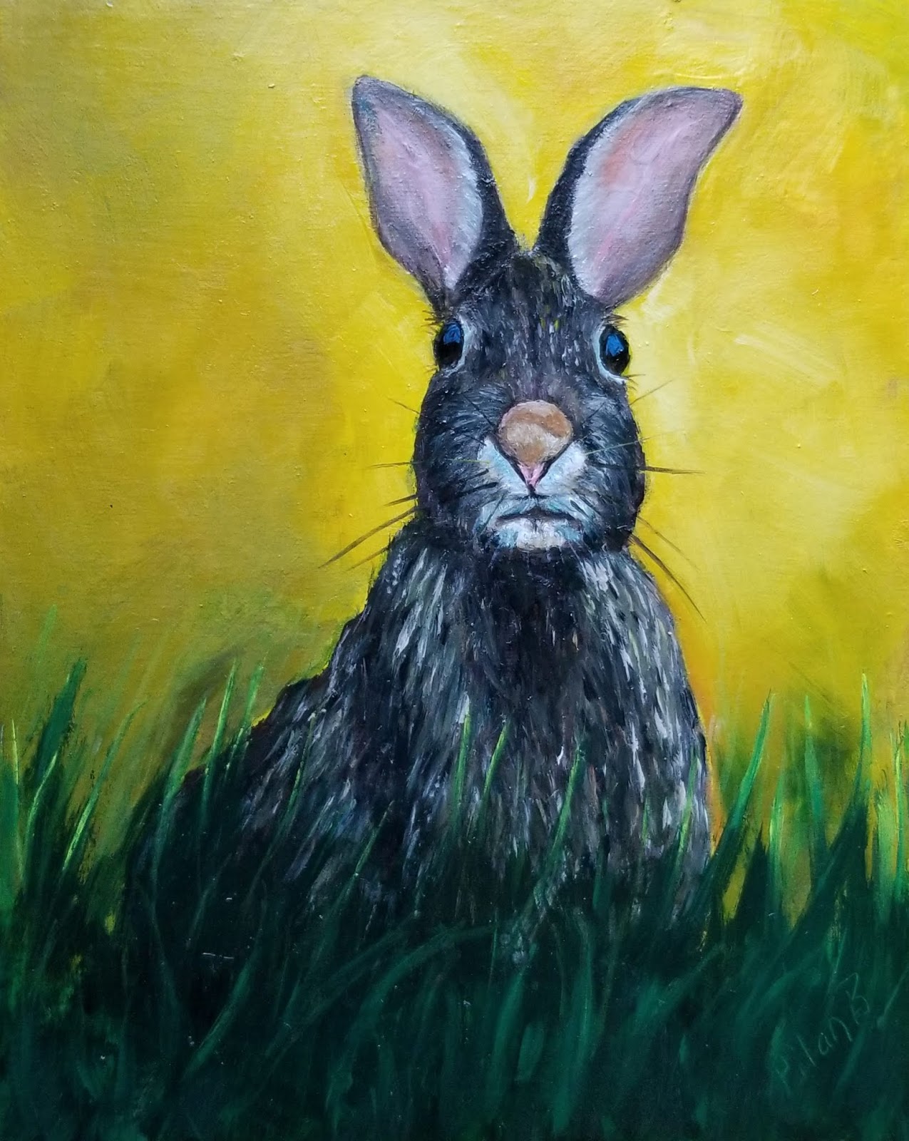 Brush Strokes Blue Ribbon Bunny Rabbit in the grass oil painting