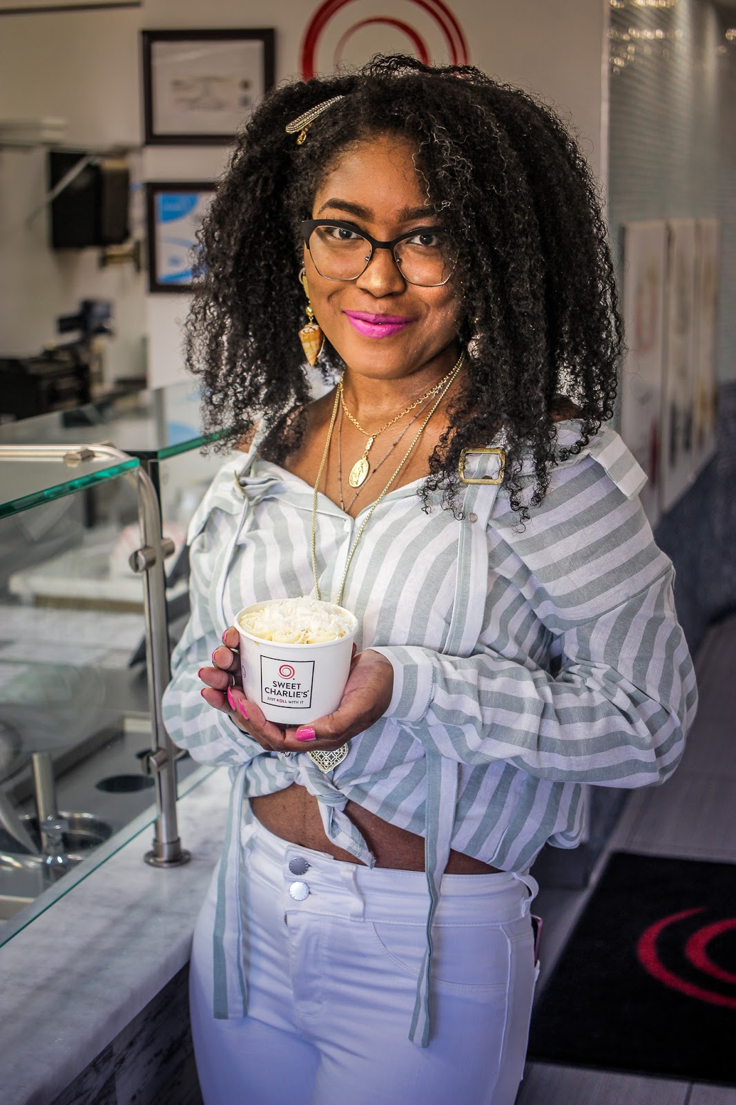 A Day At Sweet Charlies Ice Cream Shop + OOTD: Striped Cold Shoulder Blouse...