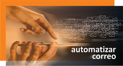 Una mano sujetando un movil, y otra desplazado un grupo de emails, con texto que dice: "Automatizar correo"