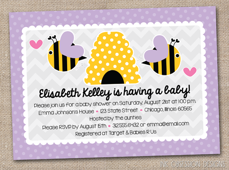 Ink Obsession Designs New Ble Bee And Polka Dots Baby Shower Just Added To The Website Are Ble Bee Baby Shower Birthday Party Invitations In Purple Blue Yellow