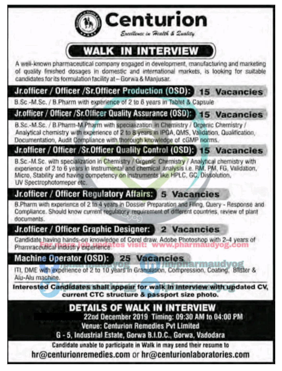Centurion Pharma Walkin for ProductionQCQA on 22 Dec 2019 Pharma Jobs in Vadodara