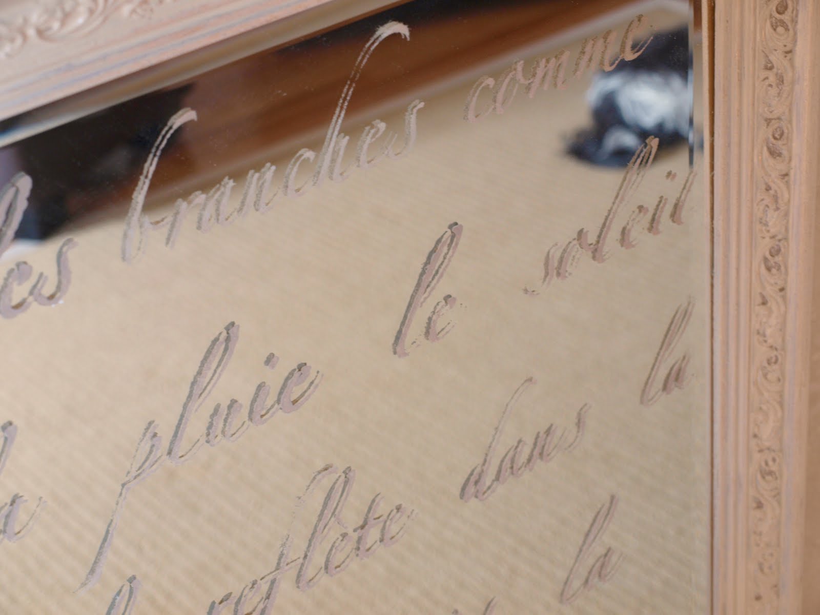 Springtime in Paris French poem stencil on a mirror for an etched French country mirror look! Hello Lovely Studio.