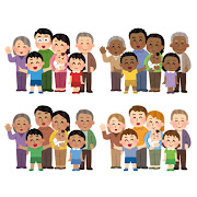 集まった家族のイラスト（いろいろな人種）