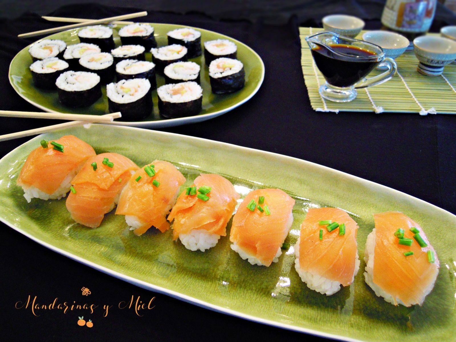 Sushi de salmón ahumado Mandarinas y miel