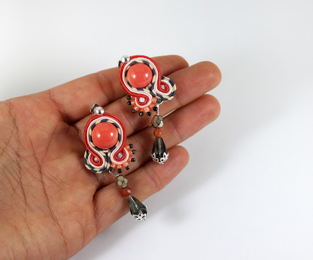 soutache earrings, soutache handmade jewelry  orange and grey strip soutache cord earrings for everyday, 