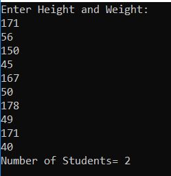 23. Read five persons height and weight and count the number of person ...