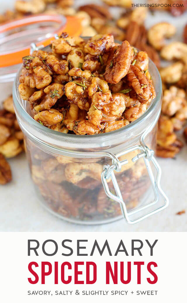 An easy recipe for savory rosemary spiced nuts you can prep & bake in less than 30 minutes. Each bite has an addicting blend of salty, herbaceous, and slightly spicy + sweet flavors. They taste even better the longer they sit, which makes them an excellent option for holiday & Christmas food gifts, hostess gifts, or even healthy road trip & game day grub! (gluten-free with paleo & vegan option)