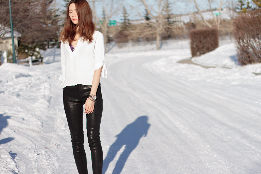 tips for buying leather pants, bow sleeved blouse, leather pants, nine west nero, michael kors watch, jbrand