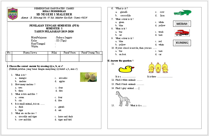 Contoh Soal PTS Bahasa Inggris SD Kelas 1, 2, 3, 4, 5, 6