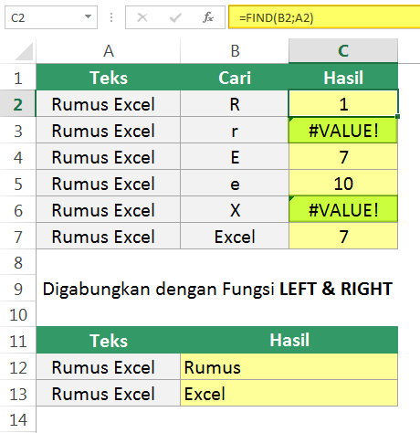 Contoh penggunaan fungsi Excel FIND dan FINDB