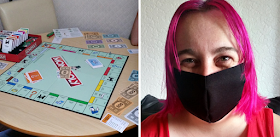 The board game Monopoly and me wearing a mask