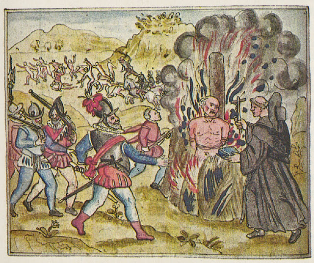Сжигание вождя Хатуэя, отказавшегося принять христианство, на костре. Иллюстрация из книги Бартоломьо де Лас Касаса, французское издания XVI века.