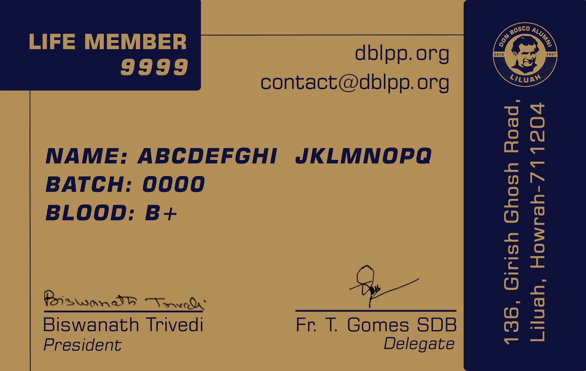 DBL Alumni Life Member Card Don Bosco Alumni, Liluah DBLPP