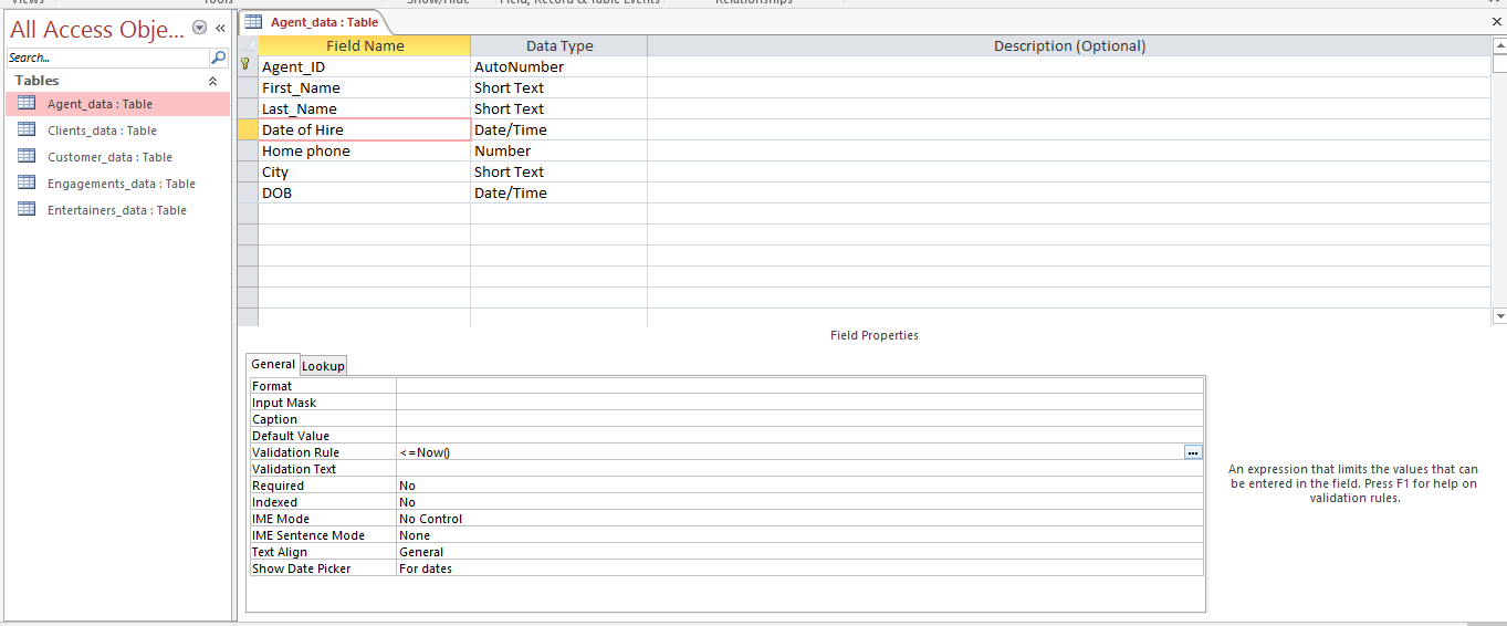 MS Access How to Set Validation rules and Validation text?
