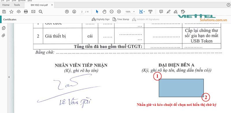 Hình 12 - Lựa chọn vùng chứa chữ ký điện tử trên văn bản