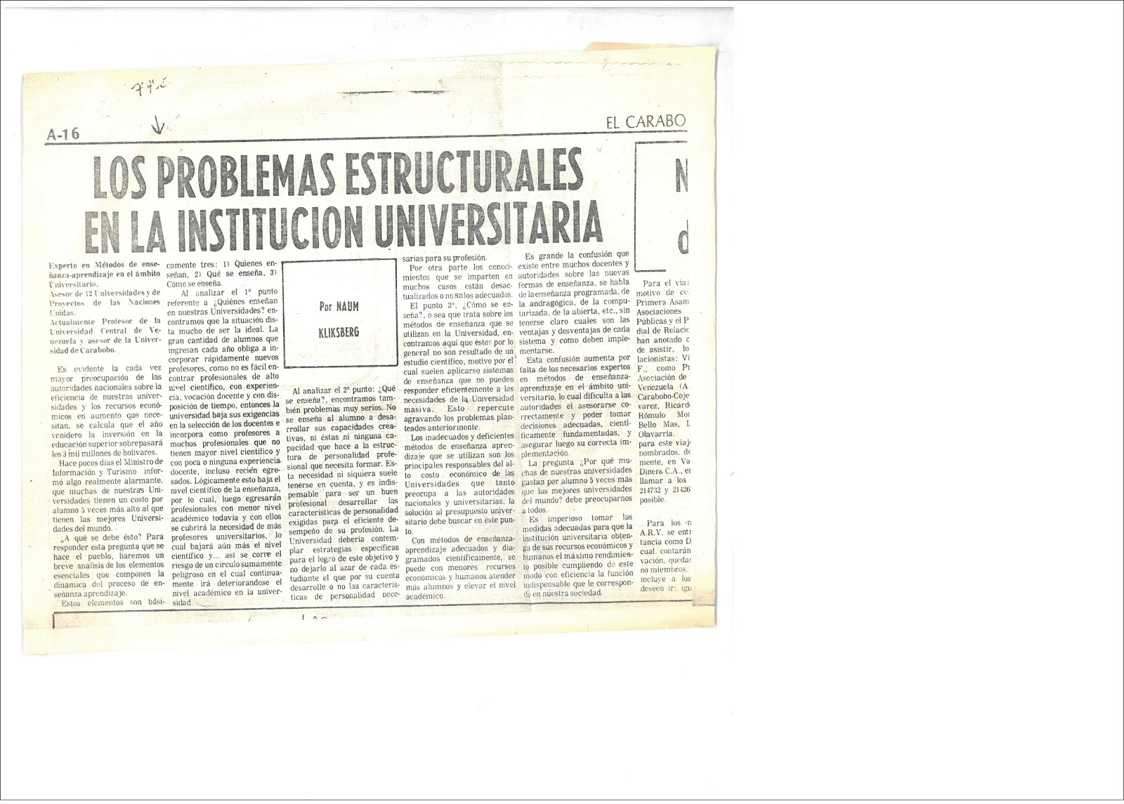 24 -  PERIODICO EL CARABOBEÑO, VENEZUELA. ARTICULO DE NAUM KLIKSBERG