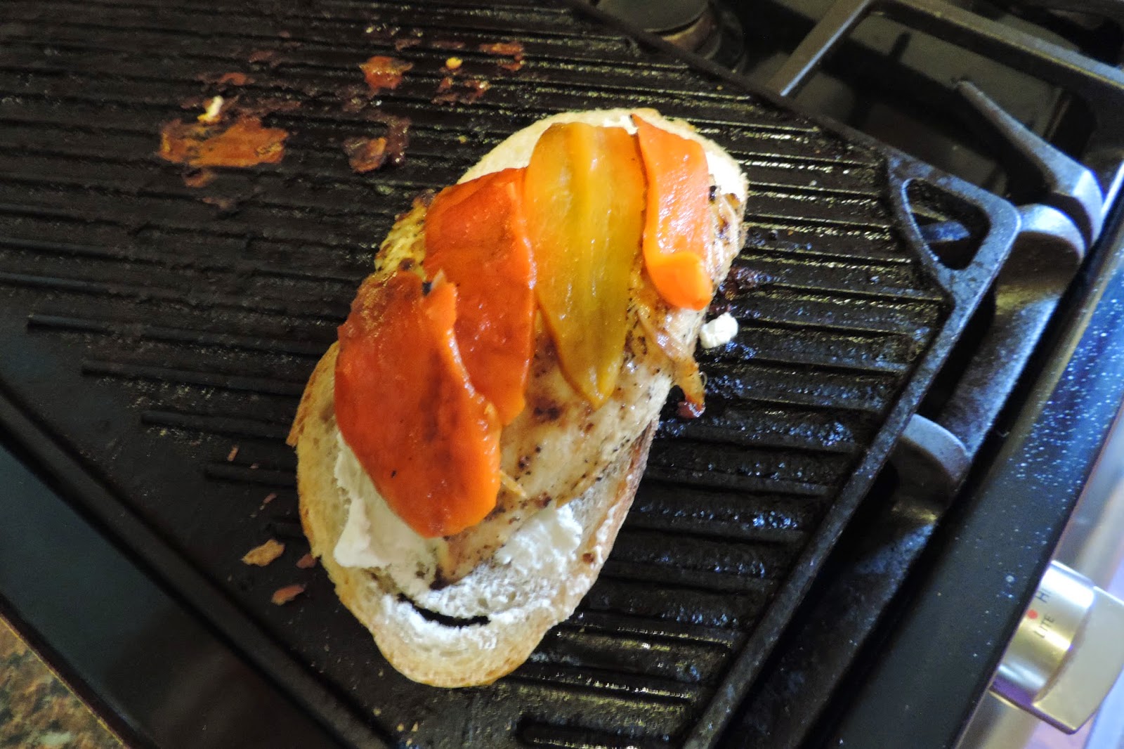 Marinated Grilled Chicken Sandwich w/ Roasted Red Pepper & Goat Cheese