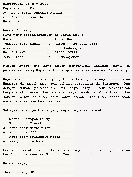 Beberapa Contoh Surat Lamaran Yang Baik Dan Benar