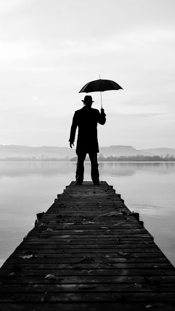 Lonely man, hat, pier, umbrella, lake, photo