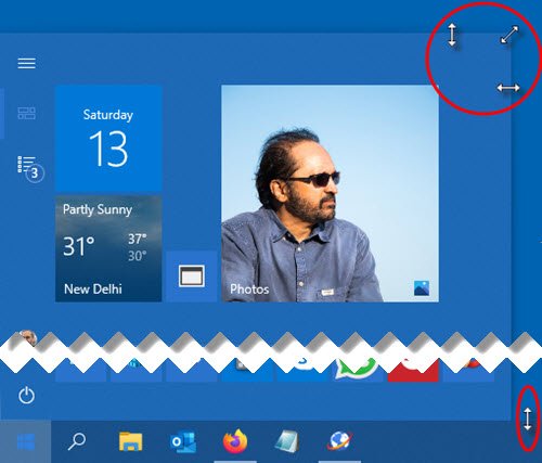 cambiar el tamaño del menú Inicio y la barra de tareas en Windows 10