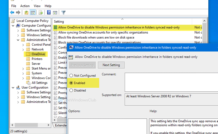 Permitir que OneDrive deshabilite la herencia de permisos de Windows en carpetas de solo lectura