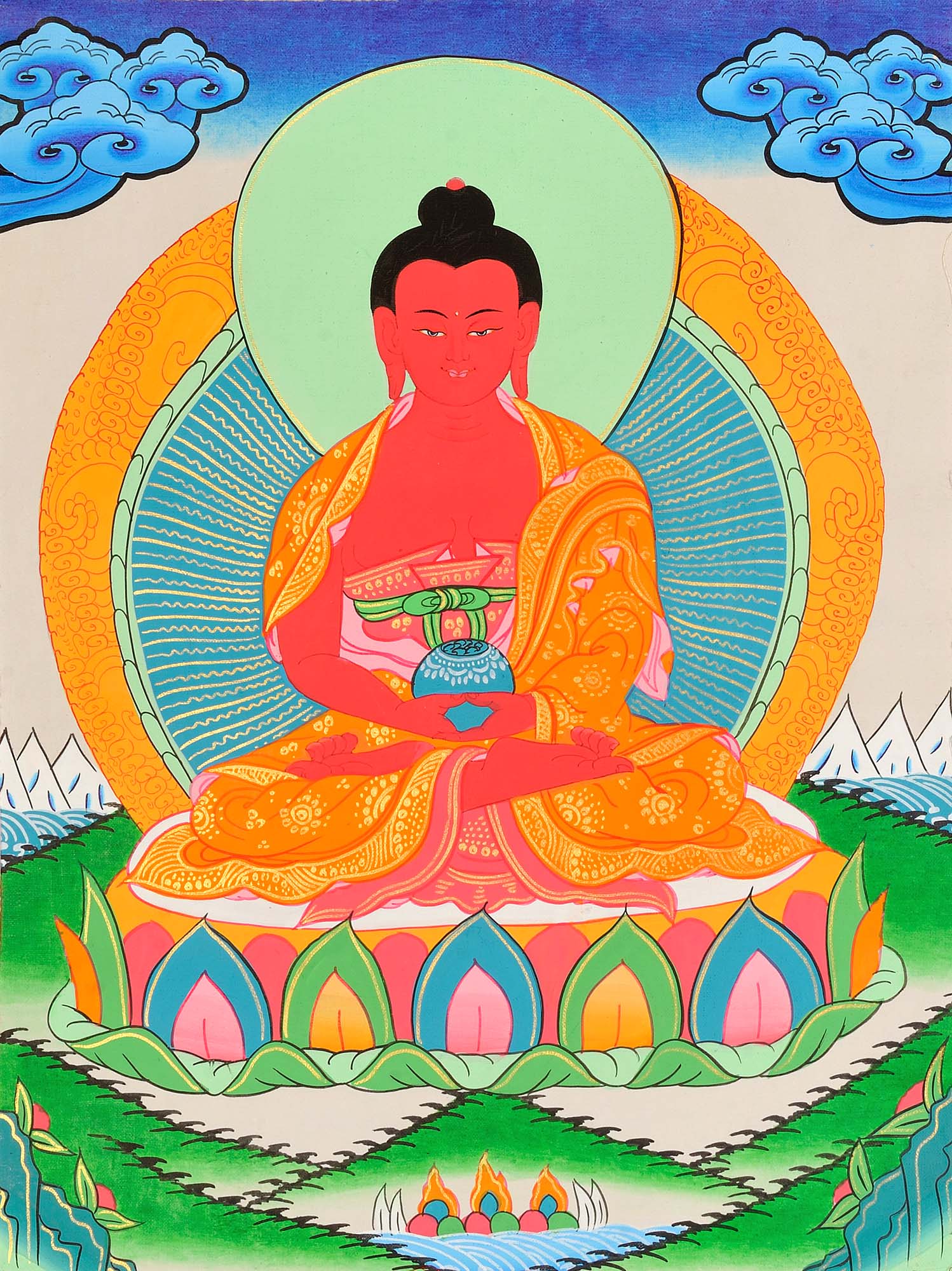 Будда земли. Будда Амитабха. Будда Амитабха тханка. Красный Будда Амитабха. Будда Шакьямуни тханка.