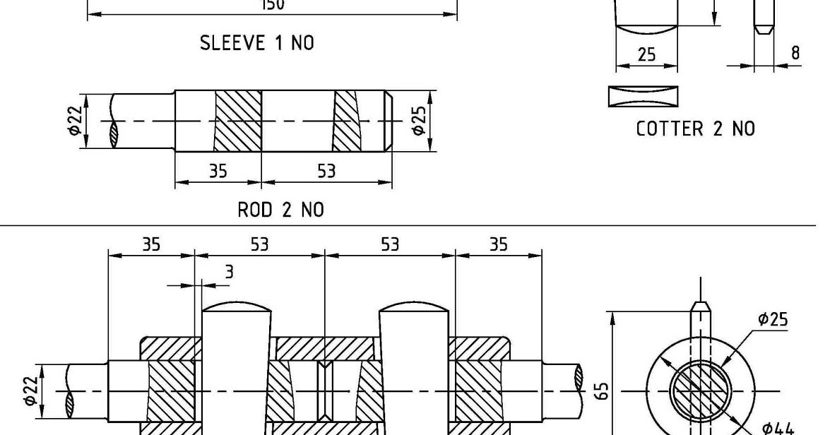 Machine Drawing Sleeve and cotter joint , Socket and spigot joint and