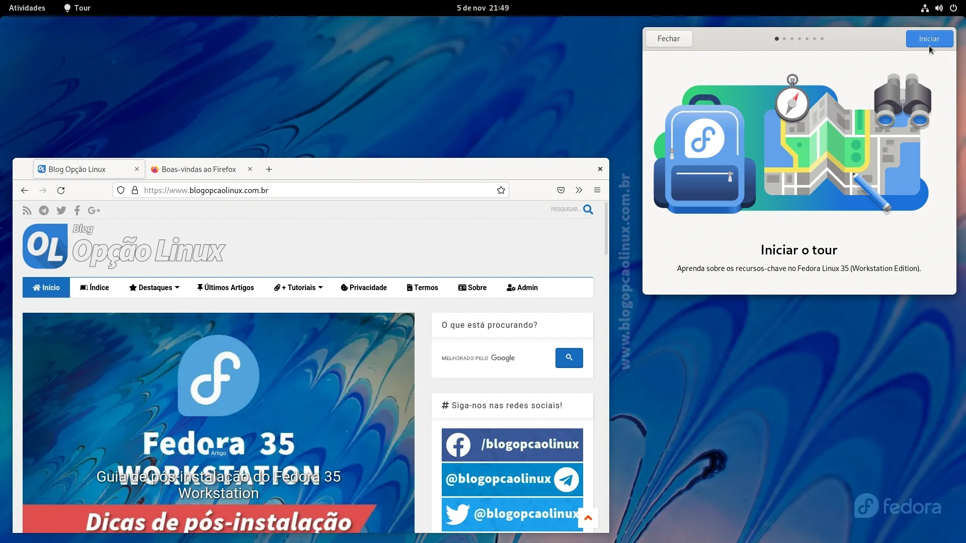 Área de trabalho do Fedora 35 Workstation, com o desktop GNOME 41