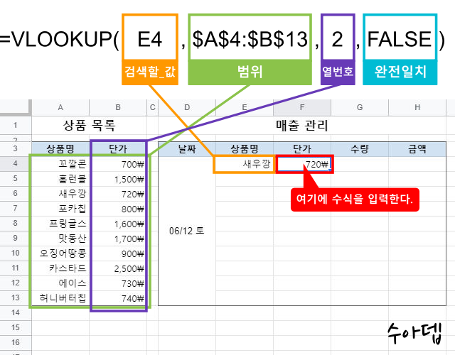 구글 스프레드시트 VLOOKUP 함수 사용법
