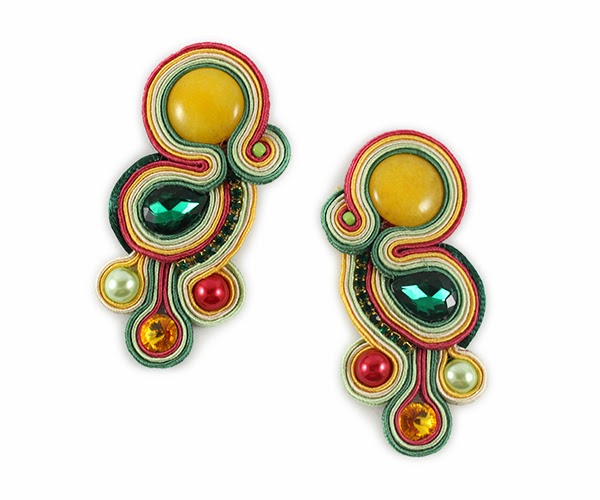 colourful soutache earrings, soutache handmade jewelry, yellow green and red soutache