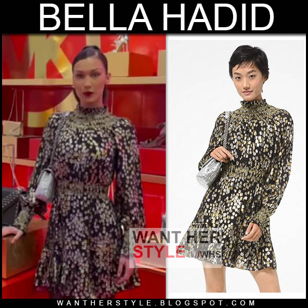 Bella Hadid in metallic star print mini dress on December 3 ~ I want her  style - What celebrities wore and where to buy it. Celebrity Style