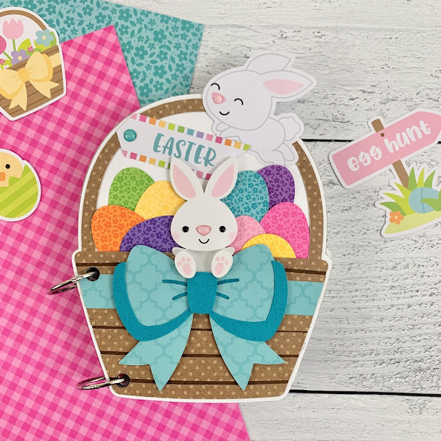 Easter Basket Shaped Mini Scrapbook Album with eggs, a bunny rabbit, and a bow