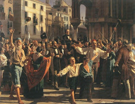 Manin is carried on the shoulders of joyful Venetians after the Austrians left the city. Painting by Naploeone Nani