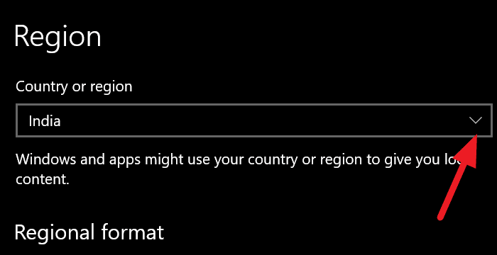 Modification de la région dans les paramètres Windows