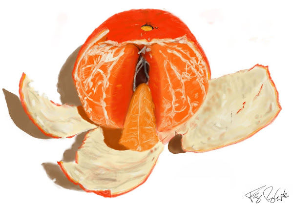 A mildy impressionistic digital drawing of a small orange sitting on a plain surface, utilising highly saturated colours. The peel on the front half of the orange has been peeled down to lie in three curving flaps; the rest of the peel remains around the orange, including a kind of cap of peel. The central segment of the orange has been pulled away to reveal the dark, hollow interior of the fruit, while the rest of the segments remain in place. A few drops of moisture cling to the top of the orange and within the open section. If one were a suggestible person, one might view the pointed, upright oval space with something firm yet juicy just drawing back from penetrating it in a rather sensual light. As it is, this merely an orange. Of course.