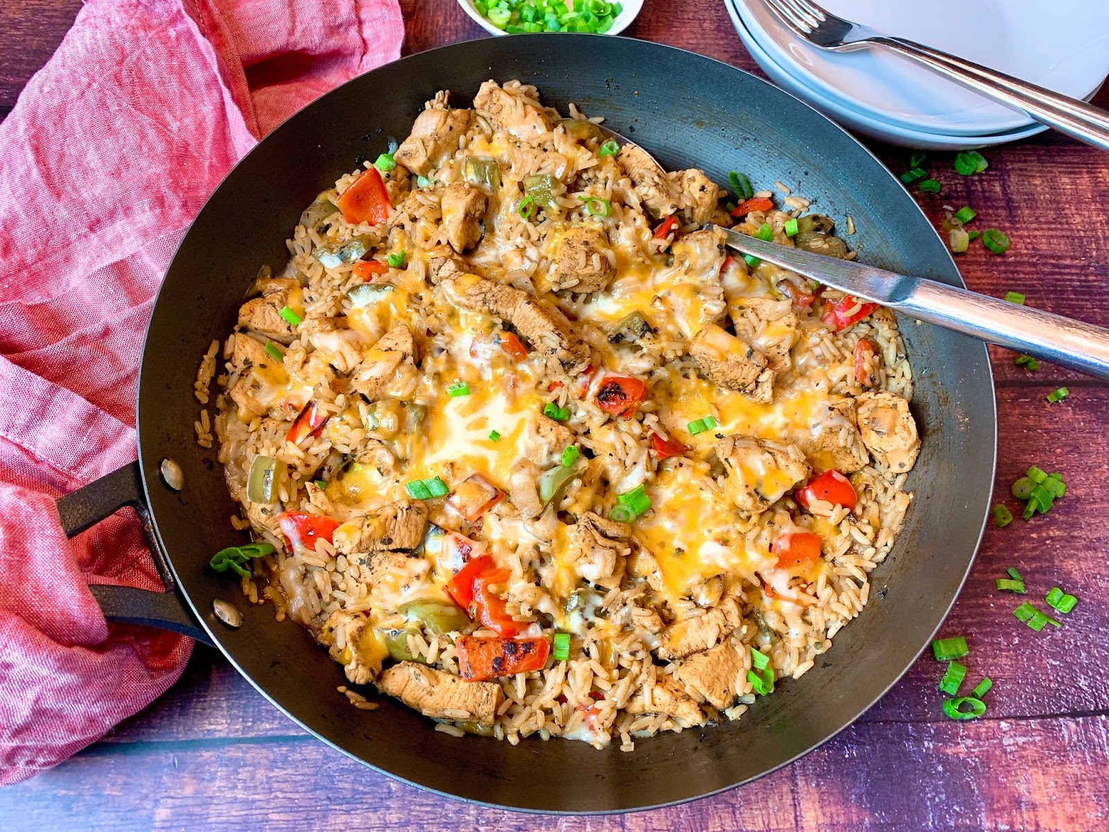 One Skillet Chicken and Rice with Bell Peppers and Cheese
