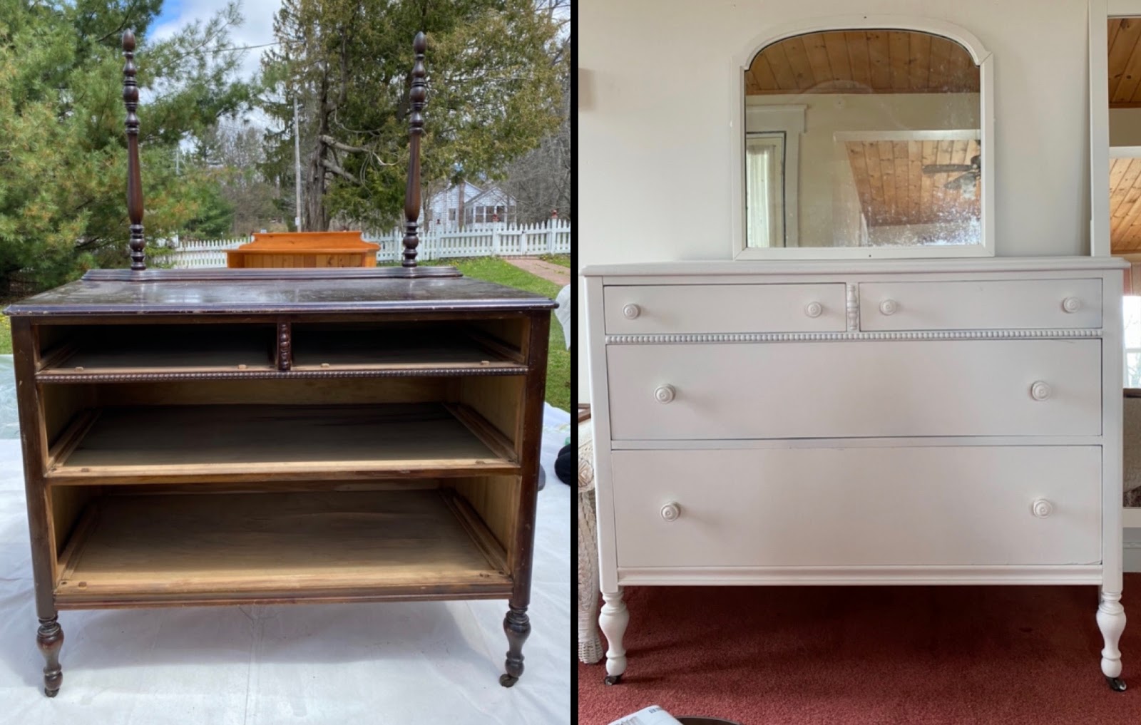 Before and after view of a dresser, vividly illustrating the impact of using the best spray paint for wood furniture.