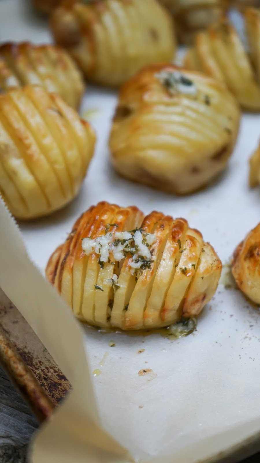 Hasselback potatoes with garlic and olive oil dressing