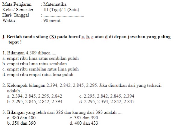 Soal Ulangan Ujian Matematika Kelas 3 Semester 1 Uas Soal Ulangan Ujian Matematika Kelas 3 Semester 1 Uas