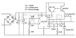 LM723 2.5A 0-30 Volts Variable Power Supply with circuit schematic