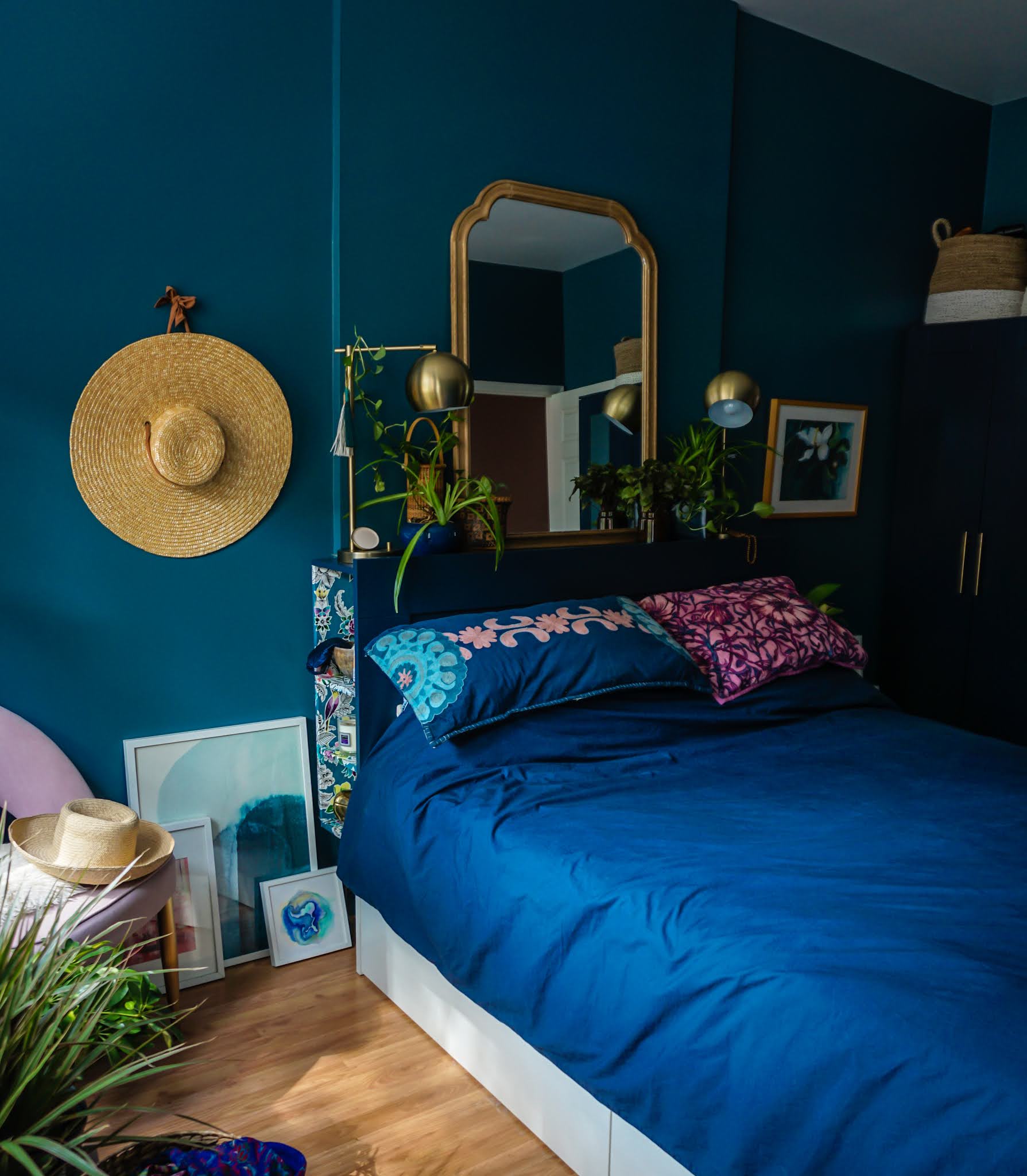 Clare Deep Dive Paint // Clare Goodnight Moon Paint //  Teal Bedroom // Navy Furniture // Green Blue Wall Paint // Deep and Moody Bedroom Inspo // Dark Blue Bedroom Inspo // Blue Bedroom Ideas // Teal Bedroom Ideas // Jeweltone Bedrooms // Jeweltone Bedroom Inspiration // Jeweltone Bedroom Inspo // Boho Bedroom Ideas // Plant Filled Bedroom // How To Paint Ikea Furniture // Paint Your Ikea Brimnes Wardrobe // Ikea Brimnes Hack // Easy Ikea Hacks // Ikea Wardrobe Hack