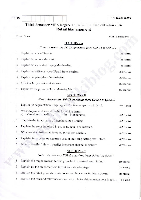 AR VTU MBA E-NOTES: VTU MBA 3rd sem question papers Retail Management