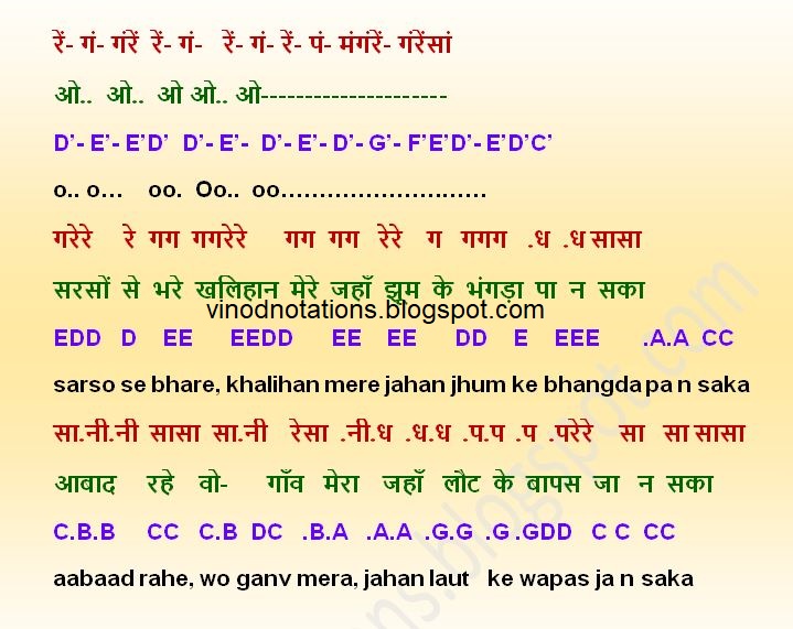 Notations of songs Gane ki Lyrics v Sargam ya Swarlipi ya Notes गीतों