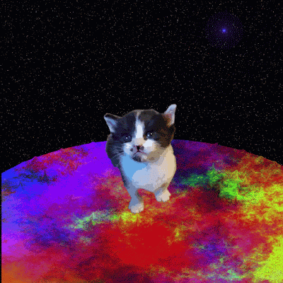 Kitten on a colorful planet with twinkling stars