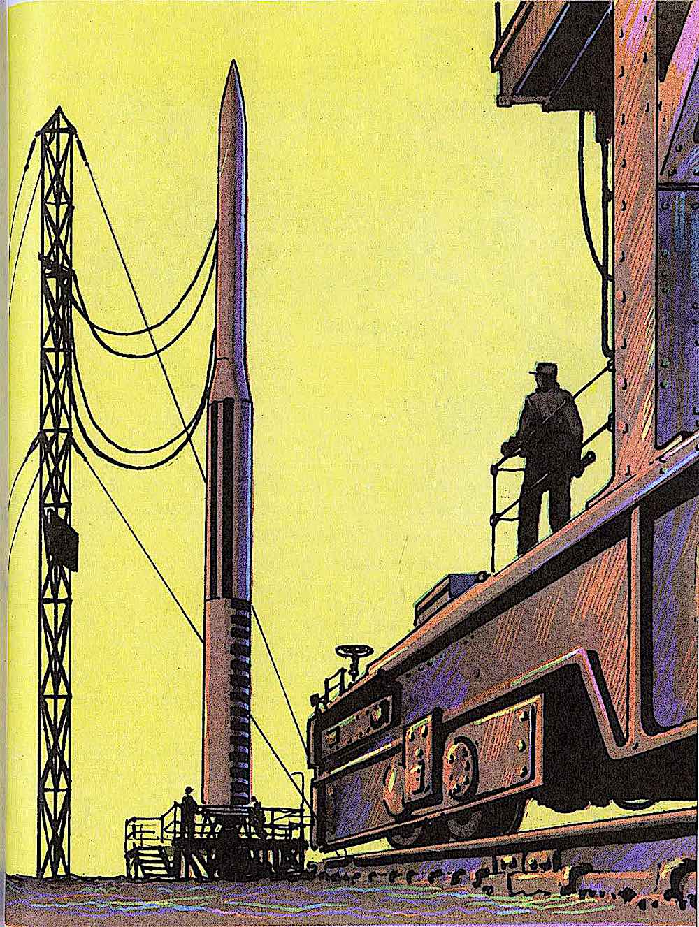 Jack Coggins illustration a Jack Coggins illustration of a rocket on launch pad with a yellow sky