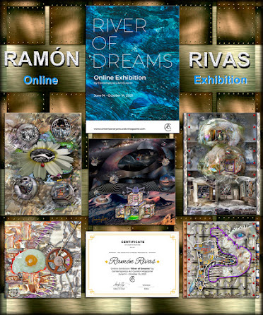 Obras de Ramón Rivas, presentadas en la exposición en línea: "RIVER OF DREAMS", junto al Folleto y el Certificado