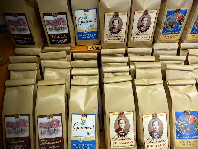 Flavored coffee for sale at Hakaniemi Market Hall in Helsinki, Finland