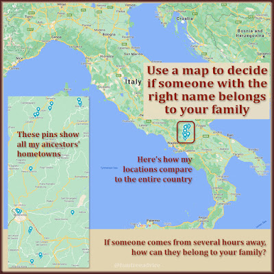 Carefully consider the location when reviewing a promising family tree search result.